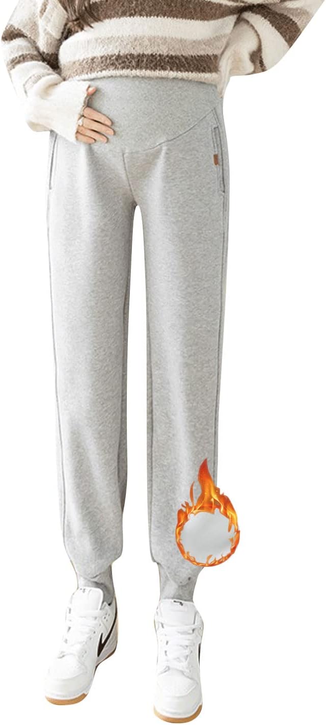 Autumn Winter Over Bump Maternity Pants Pockets Fleece Lining Sweatpants for Pregnant Women
