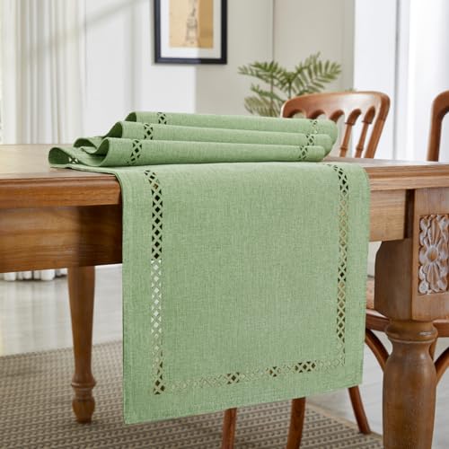 Aoztio Burlap Style Farmhouse Table Runner, 13 x 90 Inch Avocado Green, Rustic Geometric Hollow Table Runners 90 Inches Long for Dresser Table Everyday Use, 13x90 Inches, Avocado Green by Aoztio - Used condition - Image 3