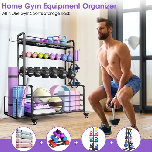 Highpro Upgraded Dumbbell Rack, Weight Rack for Dumbbells,Yoga Mat Storage Racks Home Gym Storage Organizer for Dumbbells Kettlebells Yoga Mat and Balls,Workout Equipment Storage with Wheels