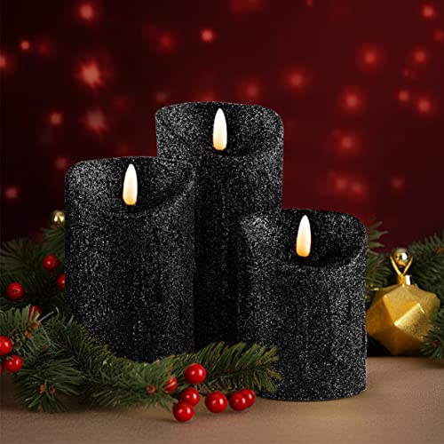 Image of CVHOMEDECO. Set of 3 Glitter Flameless Candles Flickering Battery Operated LED Candles for Home, Wedding, Halloween, Christmas Decor. Black (Black) | Flickering LED, Battery Operated, Wedding Decor, Holiday Decor