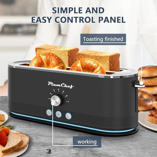 Image of Plum chef 4-Slice Toaster, Extra Wide Long SIot Toaster, 7 Browning Settings,Defrost /Reheat Functions, Removable CrumbTray, Stainless Steel Housing,Anti-Fingerprint & Anti-Jam (Black)