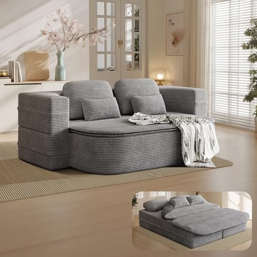 75'' Convertible Folding Sofa Bed, Memory Foam Couch, Love Seat Sleeper Bed, 2-in-1 Foldable Curved Sleeper Sofa with Pillows and Blanket for Living Room (Corduroy-Gray-a, 75'')