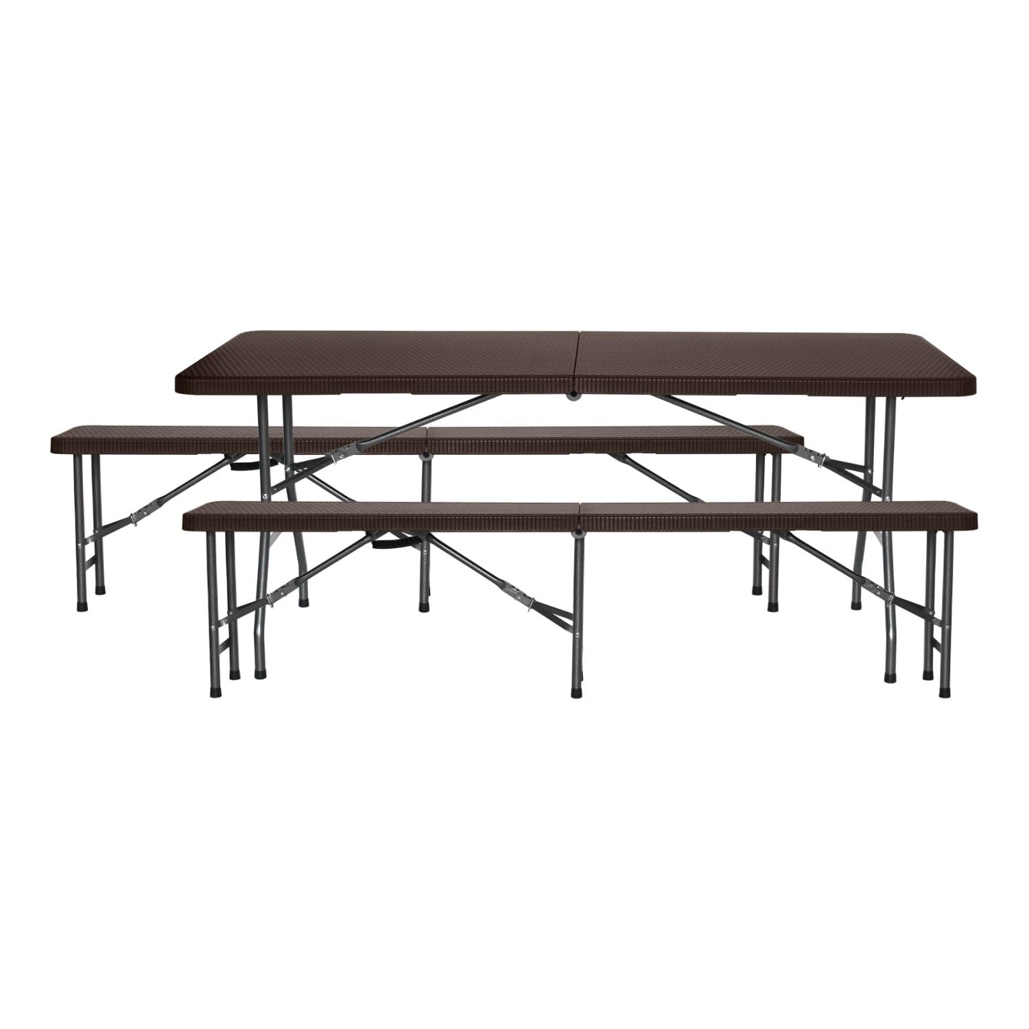 7H SEVEN HOUSE Conjunto Plegable Mesa con 2 Bancos de 180cm Catering Marrón Efecto Ratán 7house