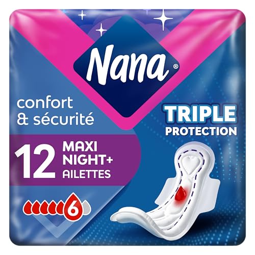 Nana Maxi Goodnight x12 - Serviettes Hygiéniques Nuit avec Ailettes - Serviettes Hygiéniques Flux très Abondant