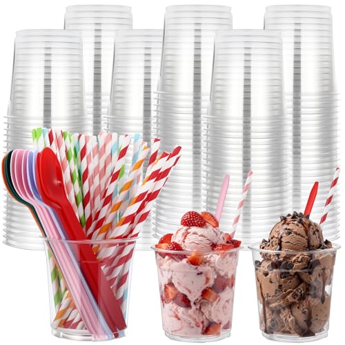 Ferrochef 50 Set 16 oz Root Beer Float Cups with Red Soda Spoons and Paper Straws Plastic Disposable Parfait Cups Bulk Clear Milkshake Mugs for Iced Coffee Smoothie Milkshake and Party Supplies