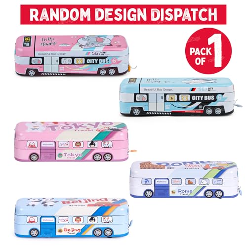 Image of Zest 4 Toyz Pencil Box for Kids Bus-Shaped Metal Pencil Case for Boys and Girls Stationery Organizer with Double Compartments (Pack of 1)-Multicolor