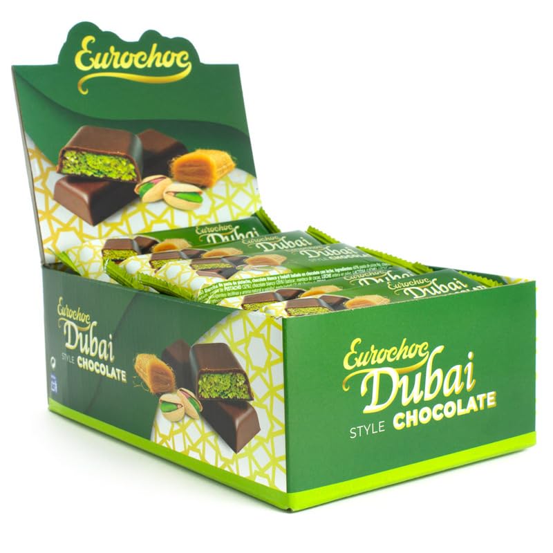 Barritas Chocolate Dubai | 24 x 40g | Chocolate con Pistacho Crujiente y Pasta Kataifi | Ideal para Reuniones, Regalos y Cestas Gourmet