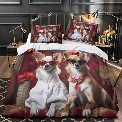 Parure de lit chien chihuahua 140x200 microfibre housse couette