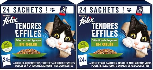 FELIX | Tendres Effilés | Chat Adulte | en Gelée | Recette 100% Complète et Equilibrée | Sélection Mixte aux Légumes : au Saumon, Truite, Bœuf et Poulet...