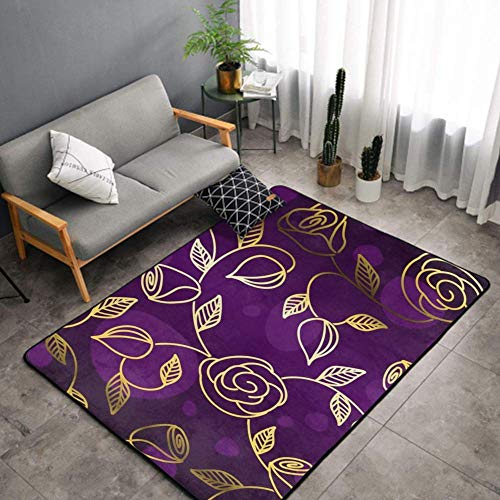 Niyoung Luxury Modern Classic Thick Soft Gold Rose Floral Flower Purple Area Rug For Living Room Bedroom Playroom Dormitory Home Decor Non-Slip Carpet Large Floor Mat (Size 5 X 3 Feet) #TOP3