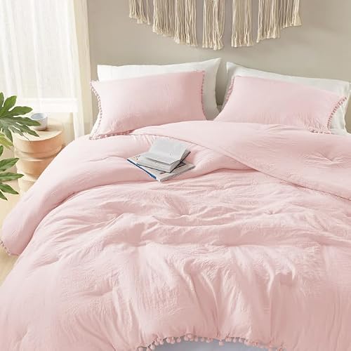 Codi Mirabelle Blush Pink Comforter Twin Set for Tween Teen Girls, Aesthetic Boho Pom Pom Fringe Bedding, Birthday Ready, Soft Washed Microfiber, Dorm Room, 1 Comforter + 1 Pillowcase