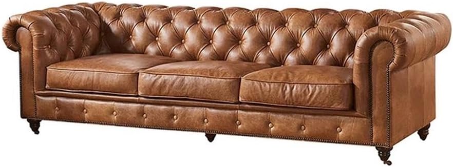 Pemberly Row Top Grain Leather Fully Assembled Chesterfield 95" Leather Sofa in Light Chestnut, Full-Size Living Room Seating, Upholstered Leather Sofa for Home or Office Use