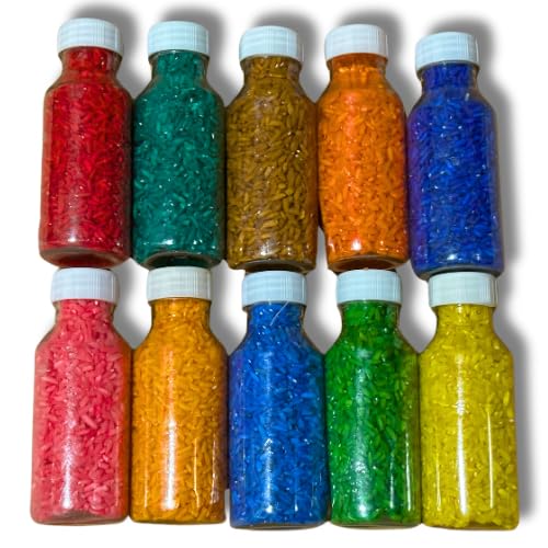 Rangoli Rice - 10 x Rangoli Colours Rice Pack; Rangoli Art Colours; 60 Grams Per Colour; 600 Grams Each Set of Vibrant Colours; Rice Floor Decoration