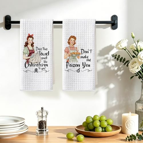Image of 2 Pcs Funny Kitchen Towels 24x14 Inch, Housewife Reusable Microfiber Dish Cloth Hand Towel, Waffle Weave Tea Towels for Bathroom kitchen Farmhouse Decor, Hostess Gifts for Women Mom Friend