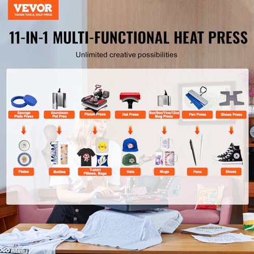 Image of VEVOR 11 in 1 Heat Press, 12 x 15 Inch, Multifunctional Clamshell Printer, Digital Dual-Tube Heat Press Transfer Machine, Swing Away Sublimation Machine for T-Shirt Hat Cap Mug Plate Pen Shoes Black