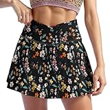 Cerburny Womens Golf Skirt Black Flower Skirts with Shorts Underneath Pleated Flowy Tennis Athletic Mini Cute High Waisted Skort
