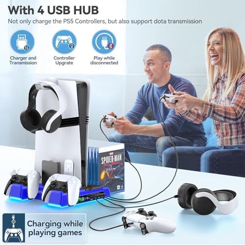 Image of PS5 /Slim /Pro Stand and Cooling Station with LED Controller Charging Station for PlayStation 5 Console, Controller Charger, Cooling Stand, PS5 /Slim /Pro Skin Accessories Kit with 3 Level Cooler Fan