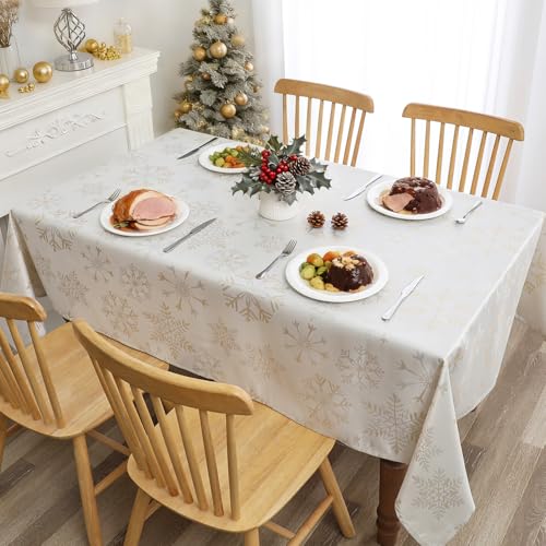Randall Christmas Snowflake Rectangle Tablecloth 60"x84"with Metallic Jacquard Fabric Wrinkle Free Table Cloth Cover for Indoor Outdoor Holiday Parties/Kitchen Dining(6-8 Seats,Champagne/Gold/Silver) by Randall - Image 2