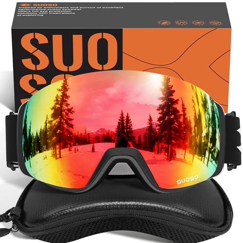 suoso Ski Goggles Frameless for Men: Women Magnetic Lens UV400 Protection OTG UV400 Protection Anti-Fog Snowboard Goggles - Red