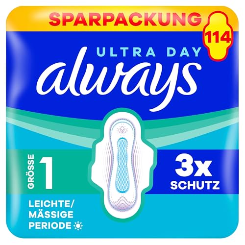 Always Ultra Damenbinden Leichte/ Mässige Periode (Größe 1) mit Flügeln 114 Stück, Sehr Saugfähig, Ultradünn, Für Die Periode