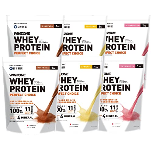 WINZONE(ウィンゾーン)ホエイ プロテイン パーフェクトチョイス 6袋(1kg×6袋) まとめ買いセット (マイルドチョコ風味2kg、ストロベリー風味2kg、バナナ2kg) 国内製造 11種ビタミン 4種ミネラル モンドセレクション最高金賞 国際味覚