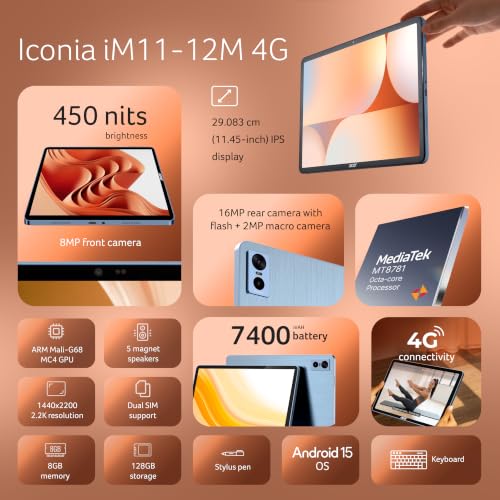 Image of Acer Iconia Tab11 with Stylus & Keyboard | 11.45 inch | 2.2K IPS Display, 450 Nit | Quad Speakers | 8GB + 128GB (Expandable) | Wi-Fi + (Calling) | Fingerprint Reader| Slim Metal Body| Blue