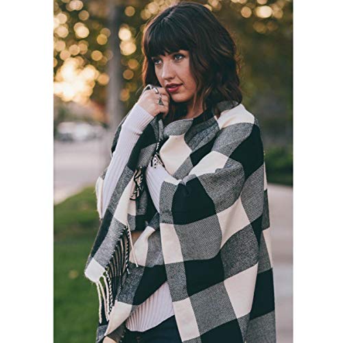 TD Collections Women's Woven Buffalo Plaid Ruana Wrap Shawl, Scarf, Baseball Hat (Black/Red)3