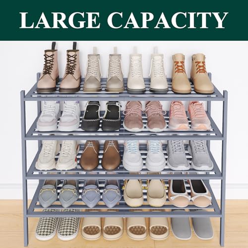 Image of Smiry Bamboo Shoe Rack, 5 Horizontal Slats, 4 Tier - 33.9 inch Wide, Grey
