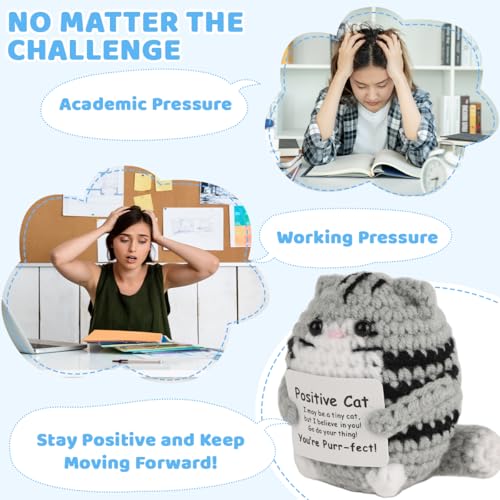 Image of Zibuyu Handmade Crochet Toys with Positive Message Card, Cute Cat Crochet Doll, A Cute and Inspiring Crochet Gifts, Ornament Suitable for Office and Home Use, Gray