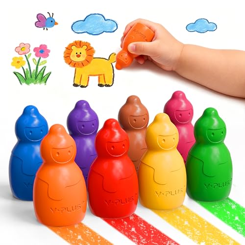 YPLUS Dicke Jumbo Wachsmalstifte für Kleinkinder 8 Lebendige Farben Ungiftige Waschbare Wachsmalstifte ab 1 Jahr für 1-4 Jahre Stapelbare Schneemann Malstifte Kinder Malset