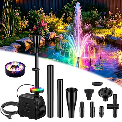 Springbrunnenpumpe Aussen mit RGB LED, 750L/h 15W 220V, mit 3M Kabel, Teichpumpe Brunnenpumpe für Miniteich, 3 Düsen, Aquariumpumpe Gartenbrunnen Springbrunnen Pumpe Klein für Gartenteich, Wasserfall