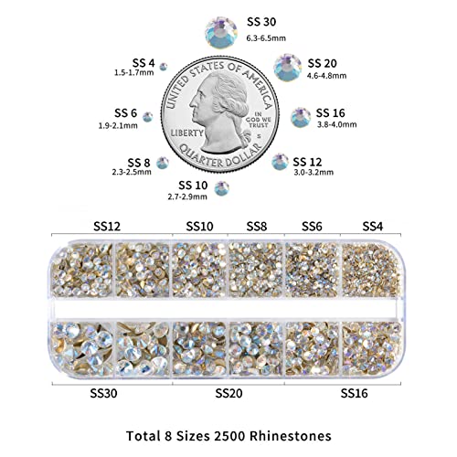 Beadsland Rhinestones for Makeup,8 Sizes 2500pcs Crystal Flatback Rhinestones Face Gems for Nails Crafts with Tweezers and Wax Pencil,Blue Moonlight,SS4-SS30 - Image 3