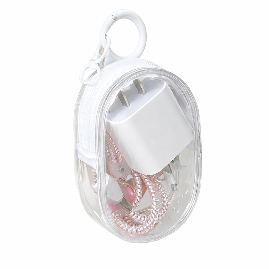 Sumiko 1 Pc Cable Storage Pouch with Carbiner Clip | Compact Clear PVC Organizer Bag for Chargers Earphones USB Cables & Accessories | Portable Waterproof Pouch with Hook for Travel Daily Use Gifts