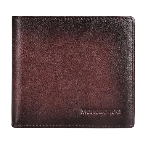 men's RFID shielded leather ultra-thin double fold flip wallet with multiple credit card slots and windows (Dark Coffee)