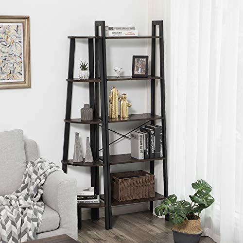 VASAGLE Industrial Corner Shelf, 5-Tier Ladder Bookcase, Storage Rack, with Metal Frame, for Living Room, Home, Office, Rustic Dark Brown