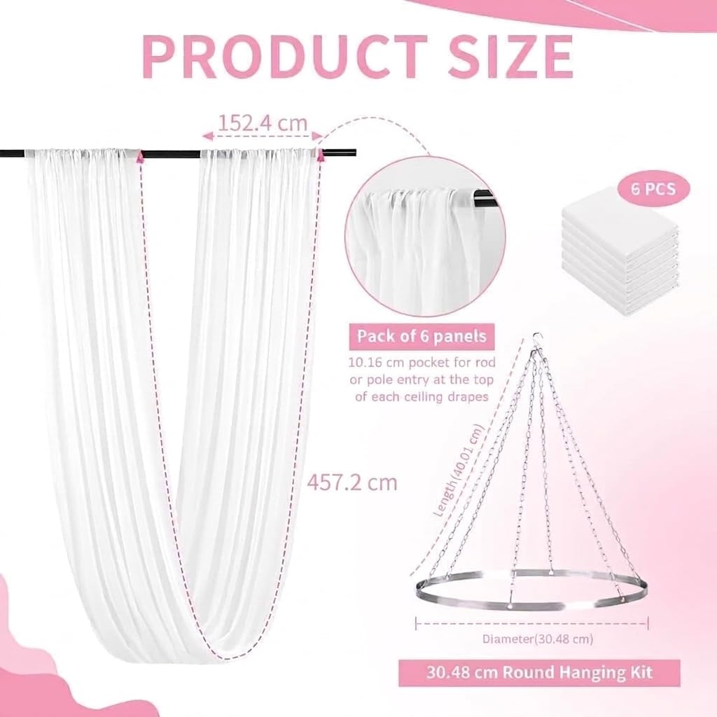 HoldOneLight Deckenvorhang-Set für Hochzeiten mit Aufhängering und 6 Bahnen (1,5 m x 3 m) – transparente Chiffon-Deckenvorhänge für Hochzeitsbögen, Partys, Zeremonien, Bühnen und Zeltdekorationen