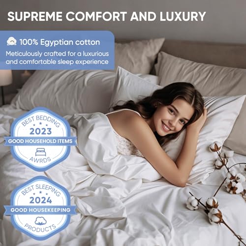 Image of TWK 100% Egyptian Cotton 1200 Thread Count Bedding Sheet Set, Substantial Thickness, Durable Long-Lasting Wear, Resists Pilling, 18 inch Max Deep Pocket Fit (White, Queen)