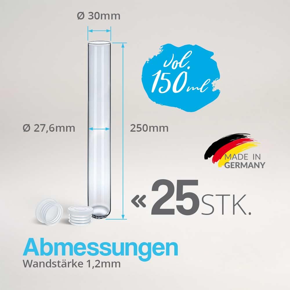Tuuters Glas Reagenzglas mit Verschluss 25 Stück - 250 x Ø30mm Glasröhrchen | Reagenzgläser mit Deckel, luftdicht, ca. 150ml, 25cm hoch, 3cm breit, für Salz, Gewürze, Vanille, Kräuter, Tee aufbewahren