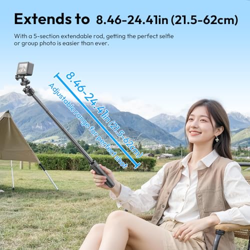 Image of ULANZI MT90 2-in-1 Selfie Stick Tripod with CKA Quick Release, 5-Section Adjustable Aluminum Stand, 360 Ball Head & Cold Shoe for GoPro Hero /DJI Osmo Action /Insta360, Compact Cameras