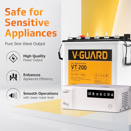 Image of V-Guard Prime 1150 Pure Sinewave 1000VA Inverter with VT 200 Tall Tubular Battery Combo | High Backup Performance | Tubular Plate Technology | 3-Year Inverter Warranty | 36+24 Months Battery Warranty
