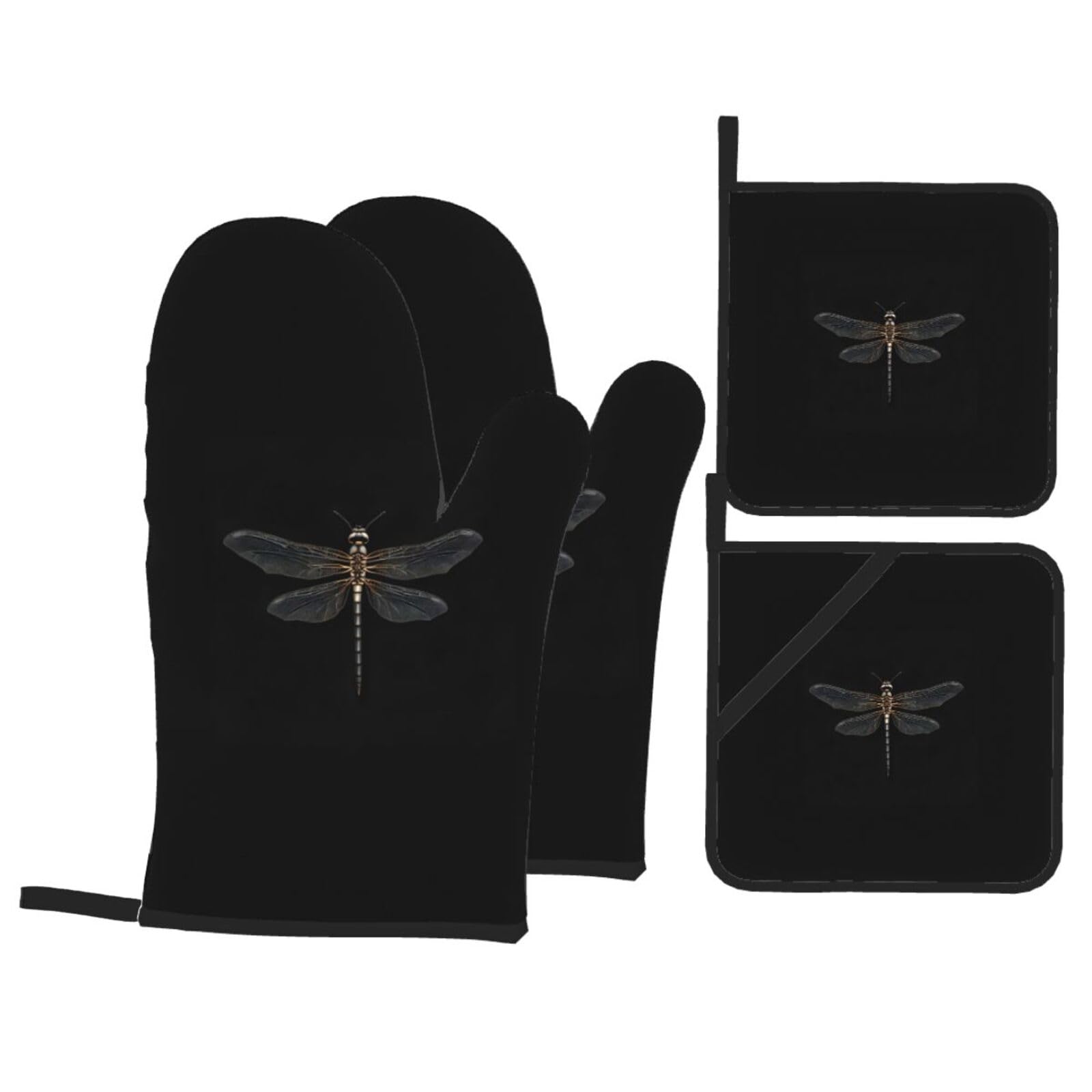 Dragonfly Black Print 4-Piece Heat-Resistant Oven Waterproof Kitchen Gloves Cooking Roasting Essential