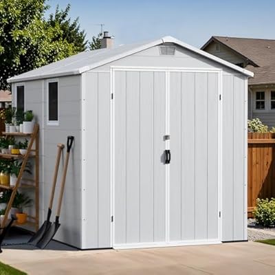 Patiowell 6X8 FT Resin Outdoor Storage Shed with Floor, Plastic Tool Sheds with Lockable Door and Window, Weather-Resistant Garden Shed, Easy Assembly for Backyard, Patio, Light Grey