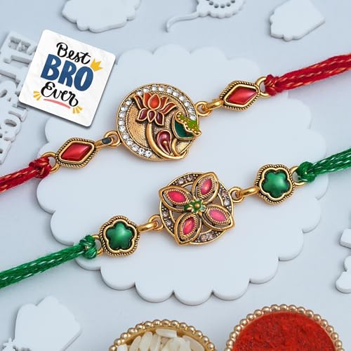 Image of eCraftIndia Green Red Beautiful Lotus Flower Designer Rakhi Set of 2 | Rakhi for Brother Bhaiya Bhai with Best Bro Ever Fridge Magnet | Roli Chawal Pack