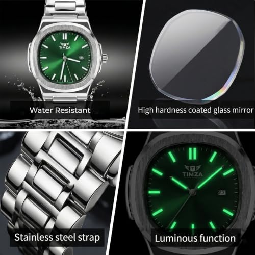 Image of Luxury Business Analog Quartz Watch for Men Sunburst Dial, Stainless Steel Strap, Date Display, Luminous Hands & Water Resistant (Green)
