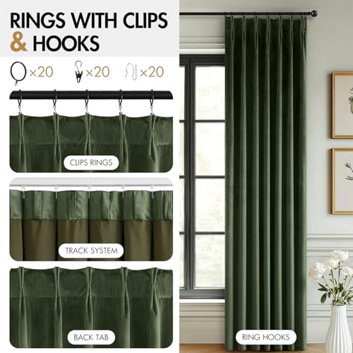 Image of MIULEE Olive Green Velvet Curtains 90 inches Long, Pinch Pleated Blackout Drapes with Hooks, Thermal Insulated Pinch Pleat Panels for Bedroom Living Room, 2 Panels