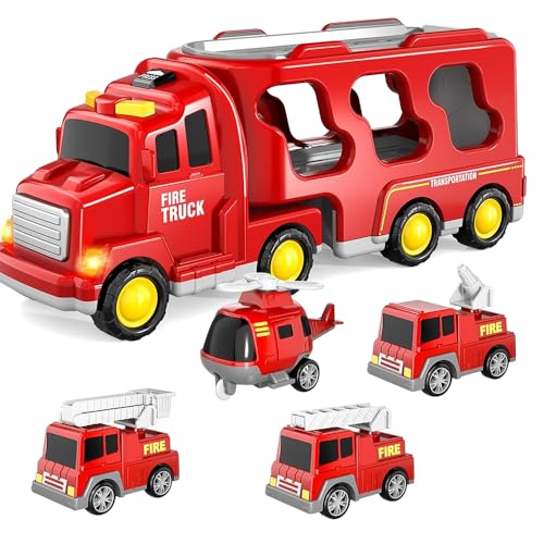 YANGUN Camión Bomberos Juguete, 5 en 1 Camion Transportador de Coches con 6 Coches Pequeños, Camiones de Juguetes Niños con Sonido y Luz, Regalos para Niños y Niñas