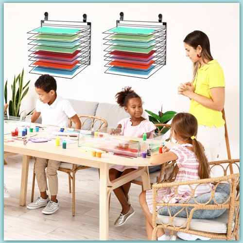 Image of Yaocom 2 Pcs Art Drying Rack for Classroom with 16 Removable Shelves, No Drill Hanging Wall Mount Paint Drying Storage Rack for First to School Classroom Preschool Art Studios
