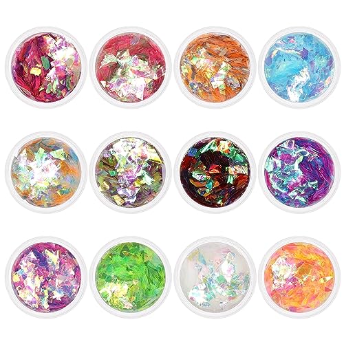 Daily Charme Colorful Mylar Glitter Flakes Set / 12 Colors, Ultra-Thin Mermaid Fluorescent Glass Paper, Iridescent Sequin Flakes Glitters Sticker for Nails Art Decoration, DIY Home/Salon Manicure