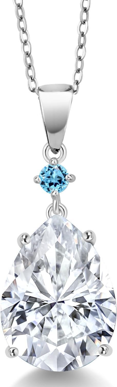 Gem Stone King 925 Sterling Silver Swiss Blue Topaz Pendant with Chain Set with Moissanite (9.32 Cttw)