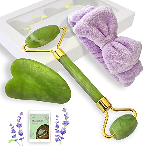 Masajeador Facial Rodillo Jade Autentico - Masajeador Facial Piedra Gua Sha - Masajeador Facial Skincare - Regalo Original Mujer Gua Sha Rodillo de Jade Facial Masaje - Incluye Diadema y Ebook